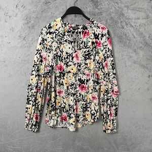 Lauren Ralph Lauren Black Label Floral Gauze Tie Top Medium Ruffle Ruched Sleeve